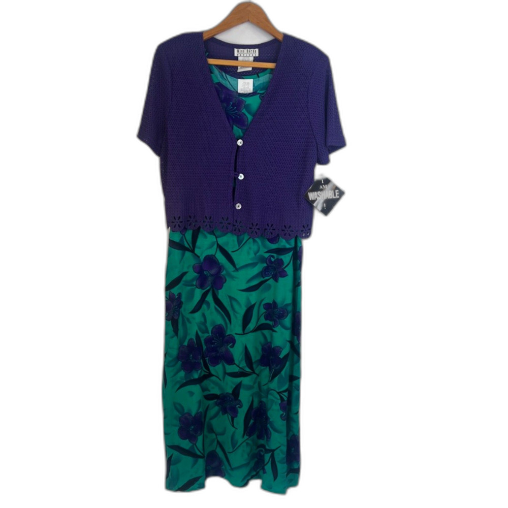 VTG Miss Dorby Tropical Sleeveless Maxi Dress w/‎ Open Weave Cardigan NWT Sz 10P
